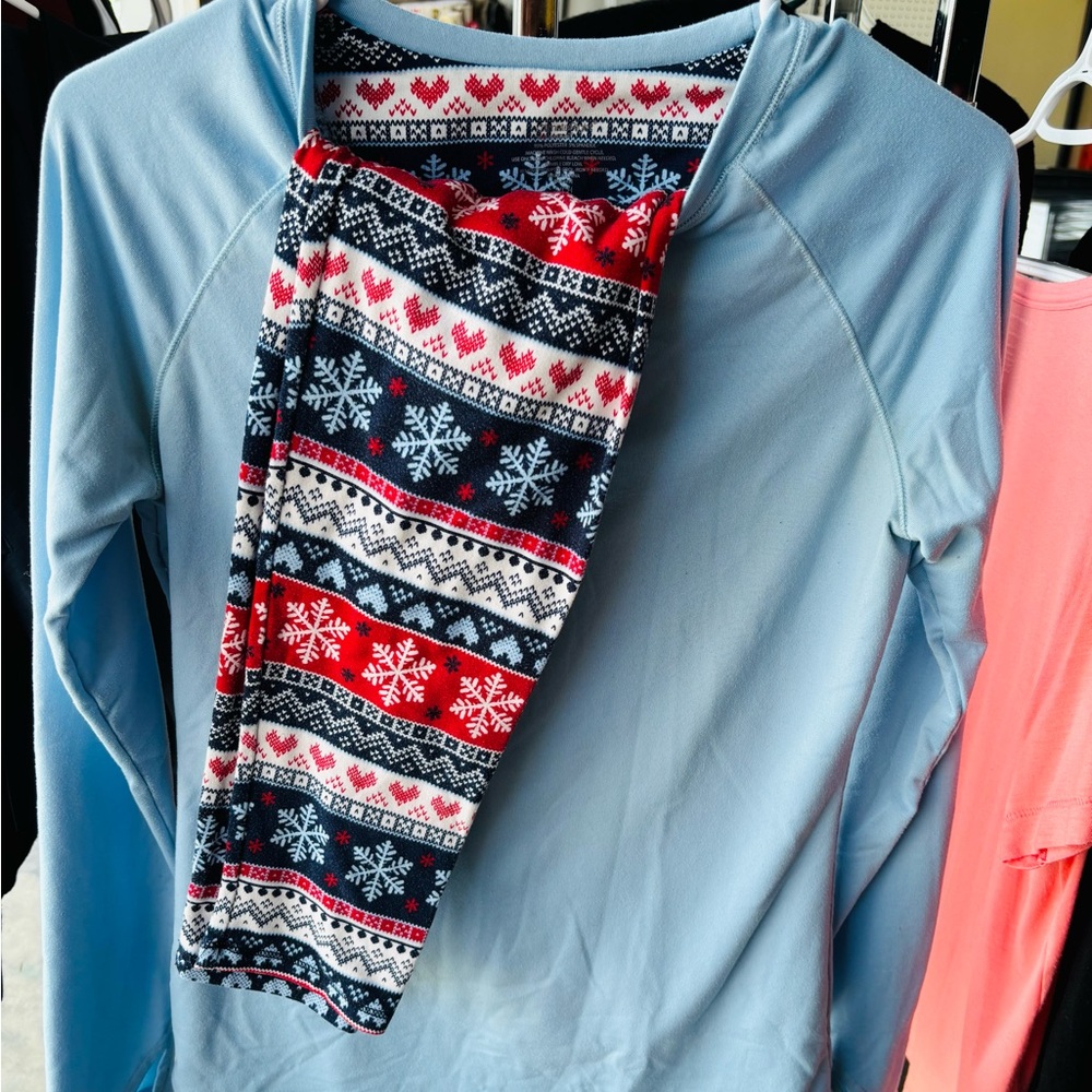 Light Blue Long Sleeve Top with Festive Patterned leggings